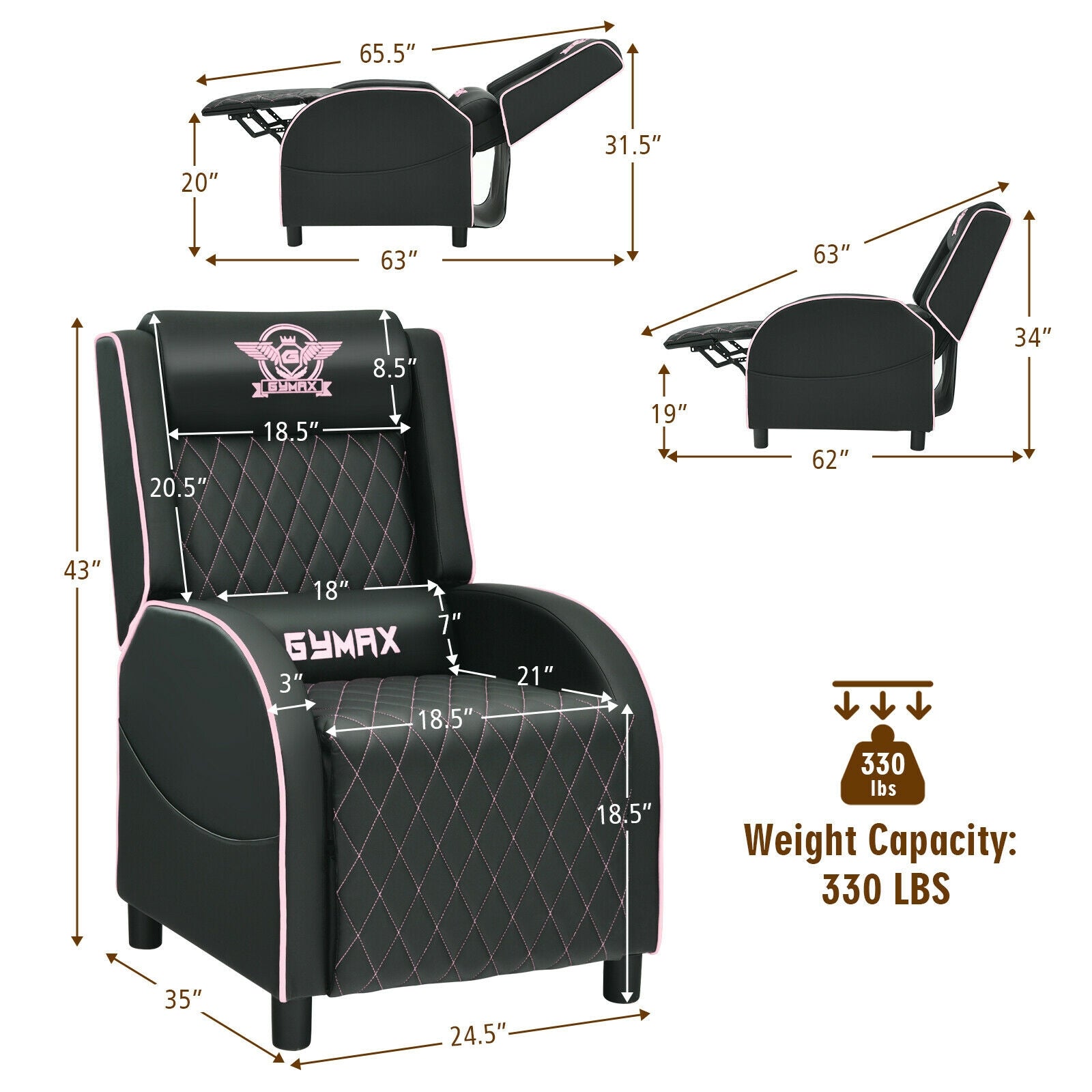 Pink Massage Gaming Recliner Chair with Headrest and Adjustable Backrest