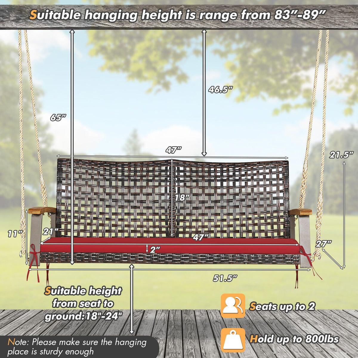 2-Person Rattan Hanging Porch Swing Chair - Red