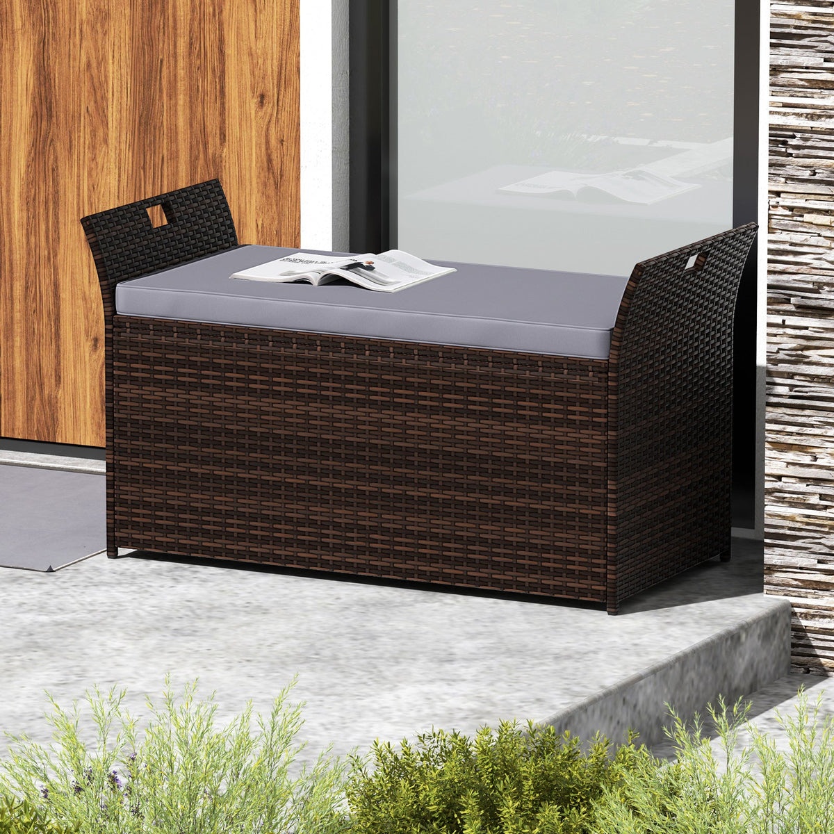 Outdoor Bench with Hand-woven PE Rattan Wicker - Gray