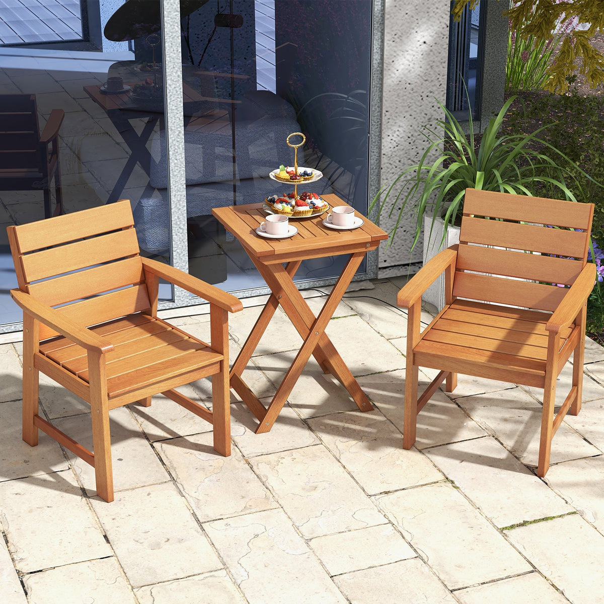 2 Piece Patio Hardwood Chair with Slatted Seat