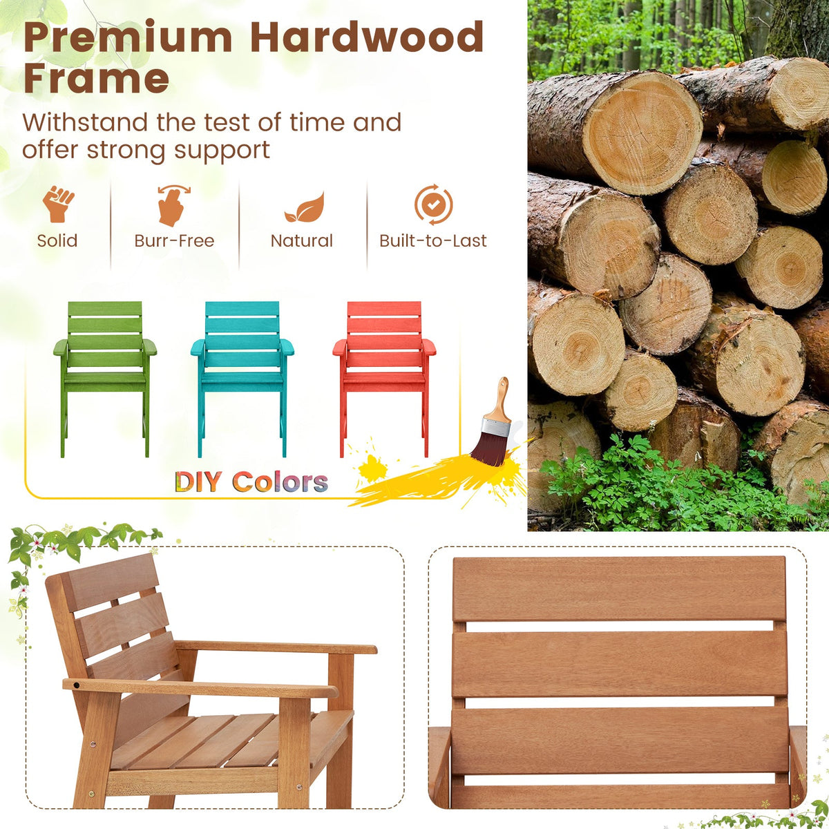 2 Piece Patio Hardwood Chair with Slatted Seat