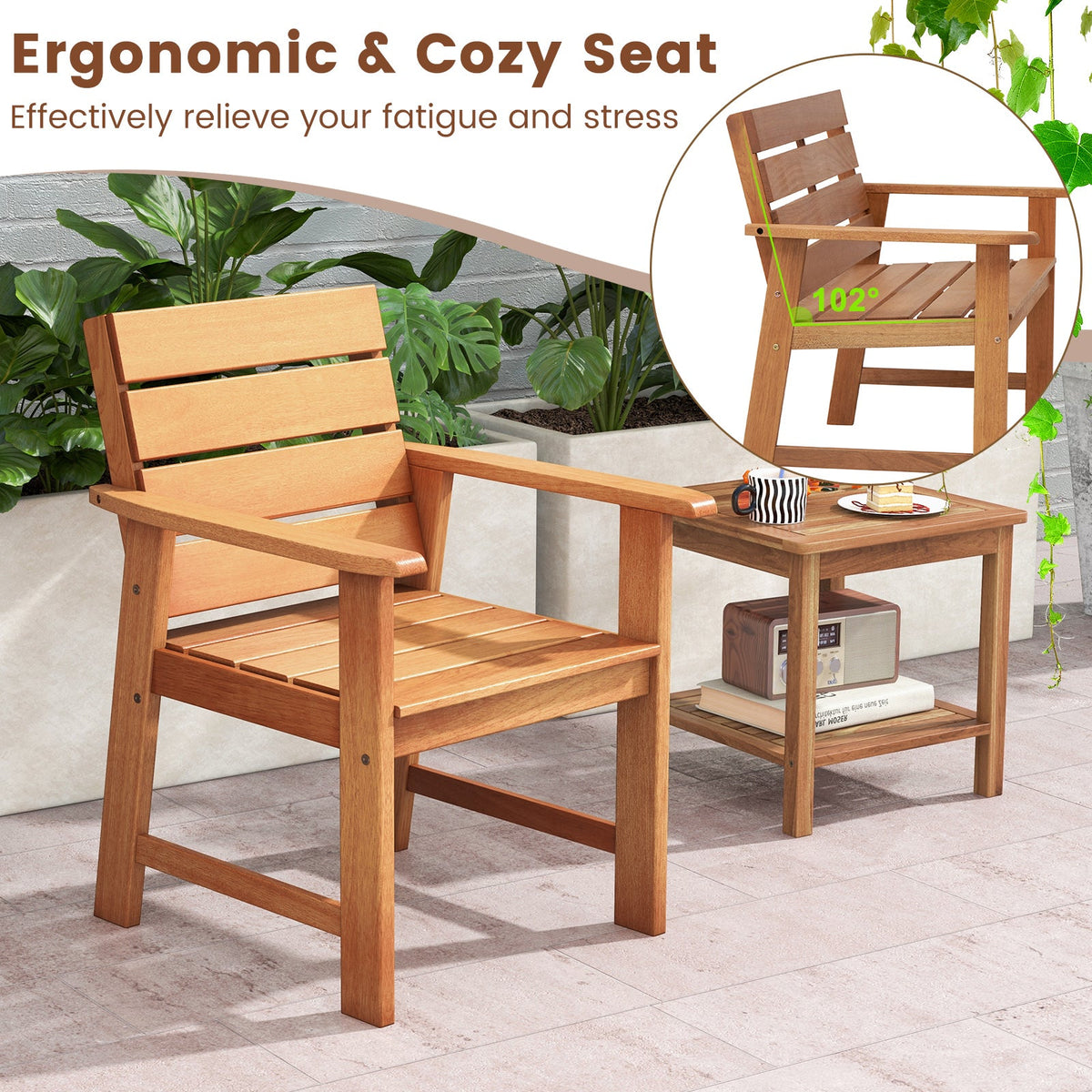 2 Piece Patio Hardwood Chair with Slatted Seat