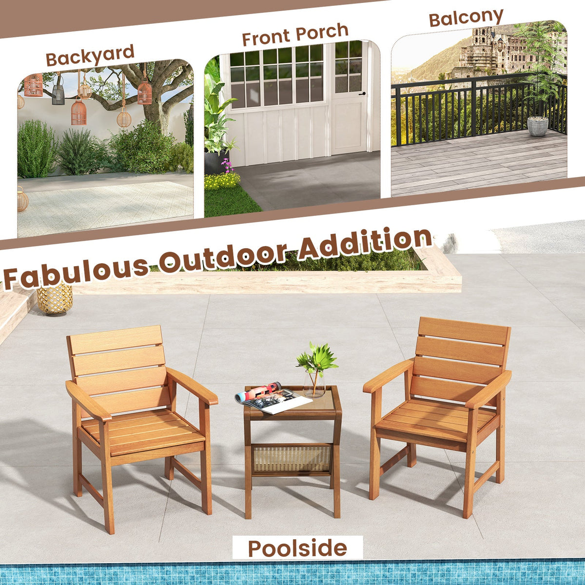 2 Piece Patio Hardwood Chair with Slatted Seat