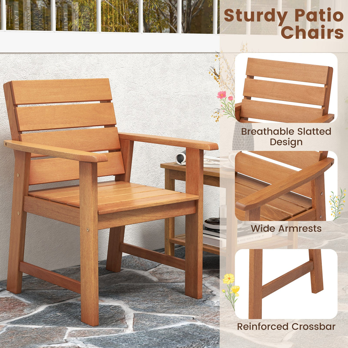 2 Piece Patio Hardwood Chair with Slatted Seat