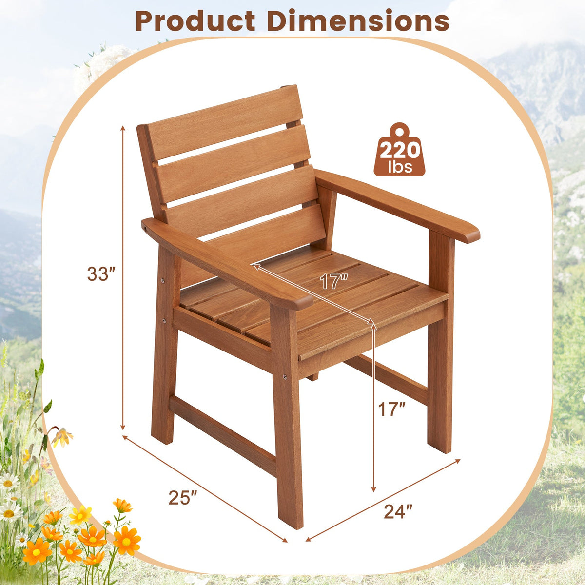 2 Piece Patio Hardwood Chair with Slatted Seat