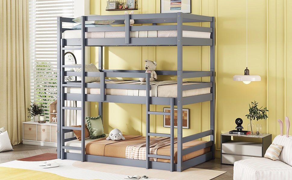 Triple Rubber Wood Bunk Bed with Two Built-in Ladders, Guardrails, Detachable Triple Twin Bunk Bed, Grey