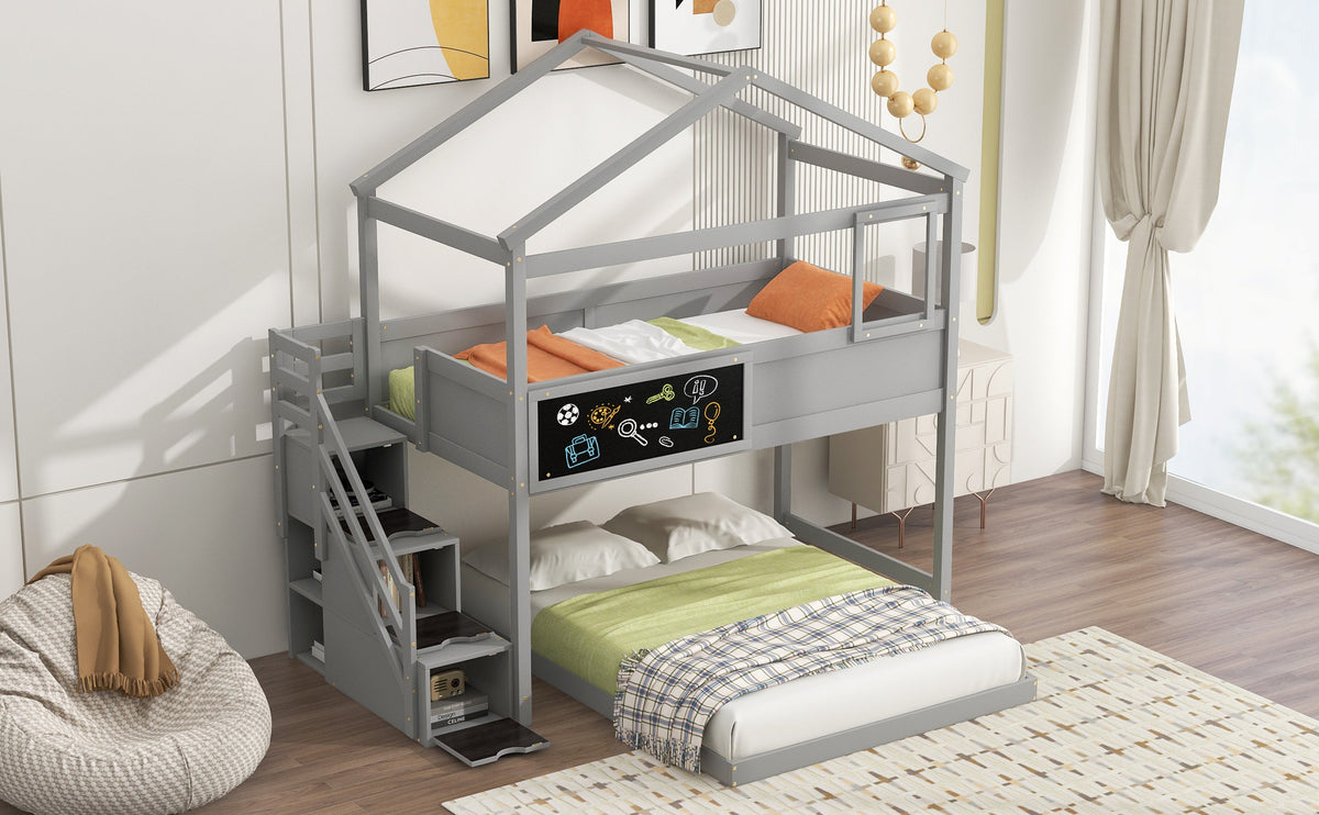 Twin-Over-Full House Bunk Bed with Storage Staircase and Blackboard, Gray