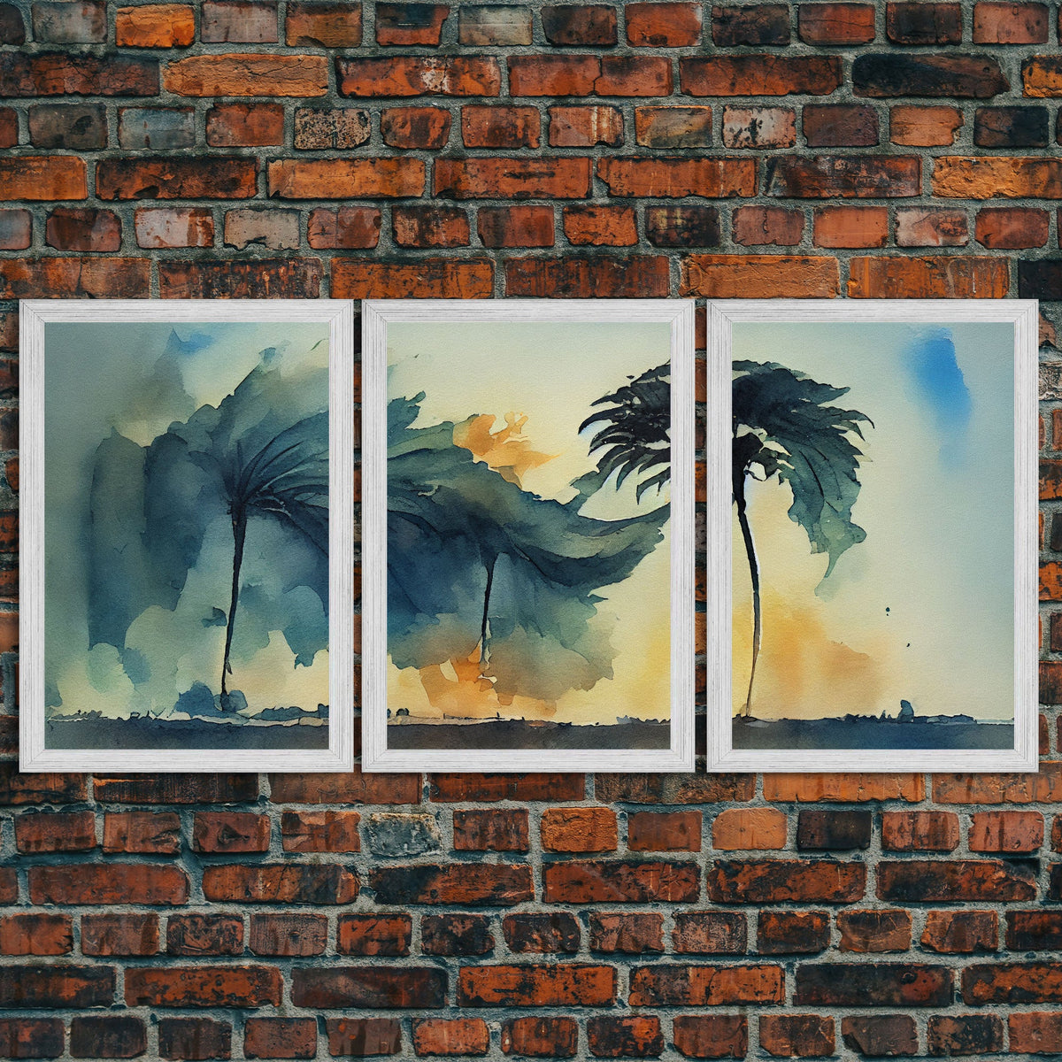 Watercolor of a Palm Tree Blowing in a Hurricane, 3 Piece Canvas Print, Wall Art