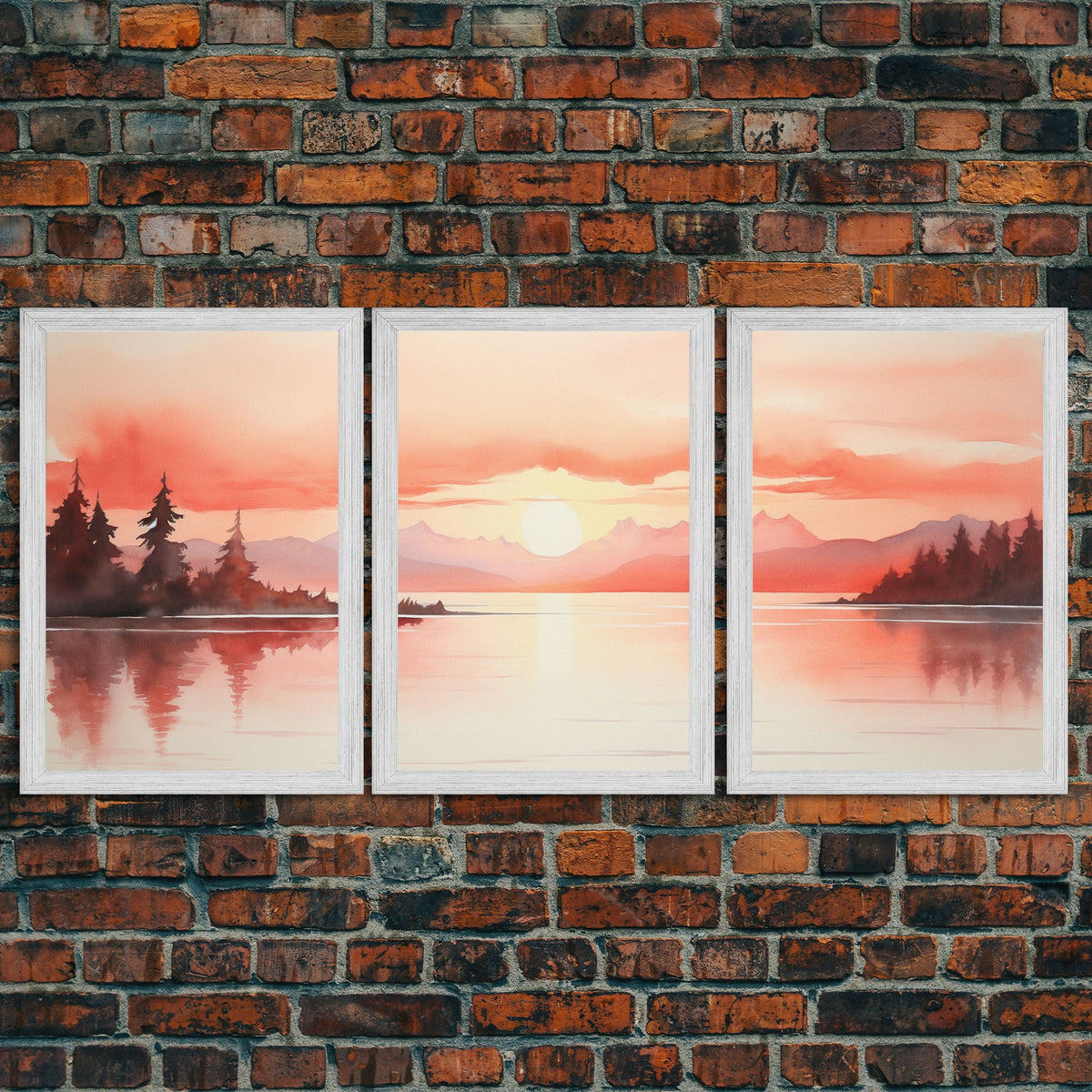 Beautiful Red Lake Sunset 3 Piece Framed Canvas Print Set