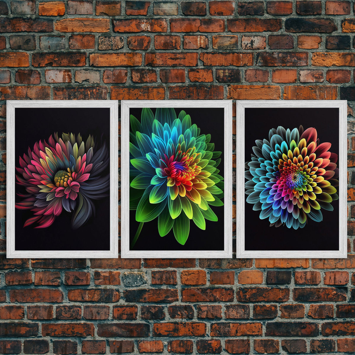 Triptych 3 Panel Wall Art - Framed Canvas Prints - Retro Style Flower Paintings