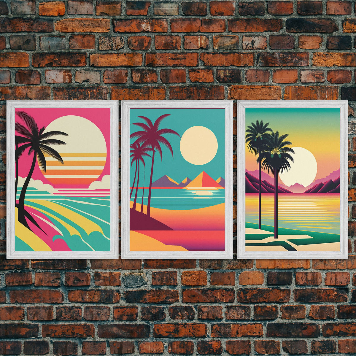 Beautiful Turquoise Retro Style Beach Art, Triptych 3 Panel Framed Canvas Prints