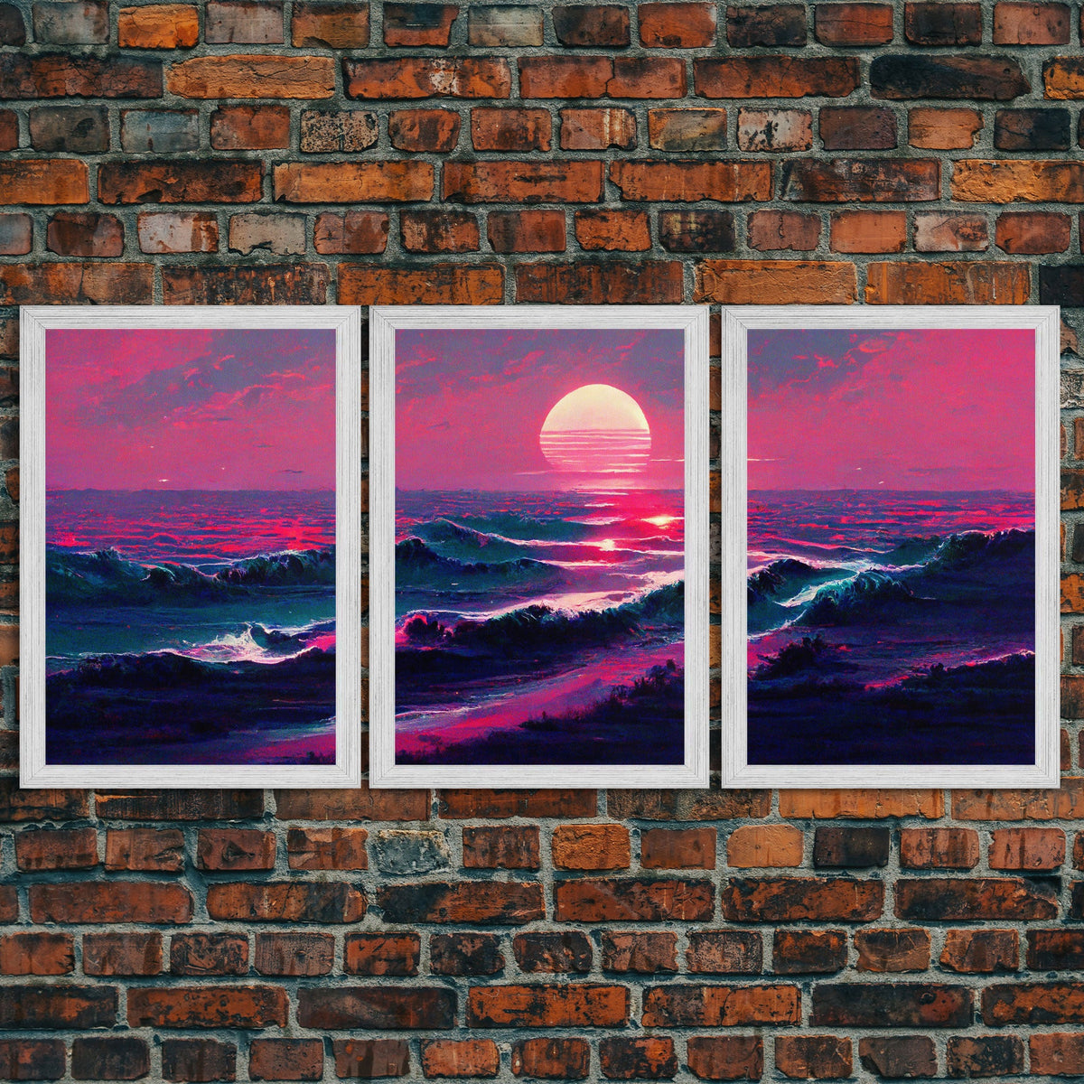 Outrun Style Synthwave Sunset Ocean Waves, 3 Piece Canvas Print