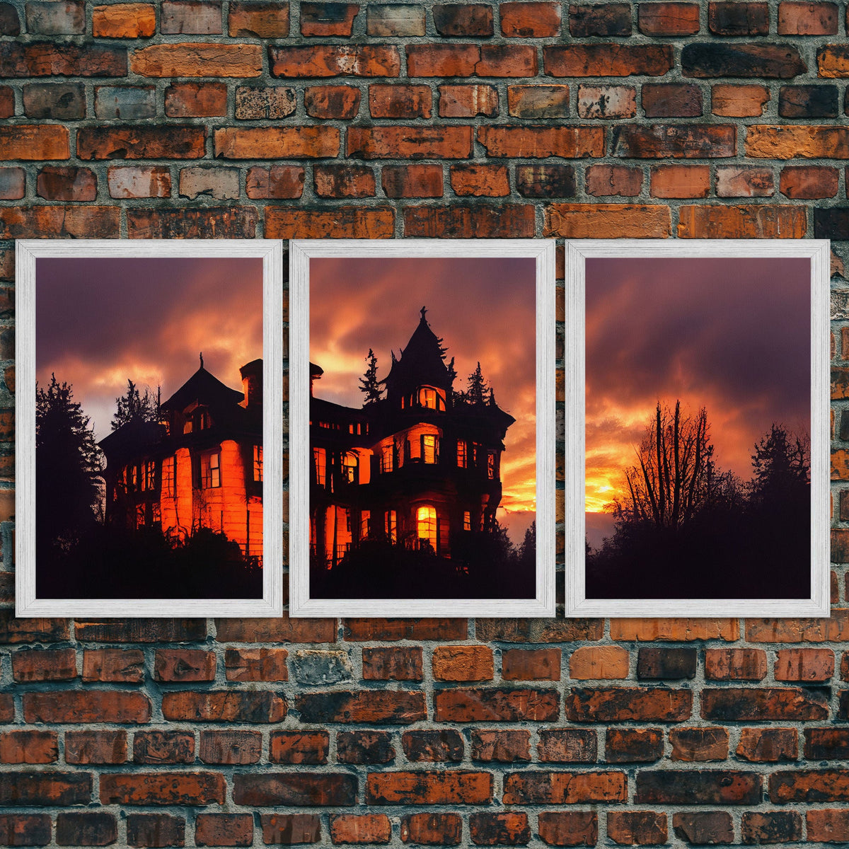 3 Piece Canvas Wall Decor, Victorian Style Haunted House