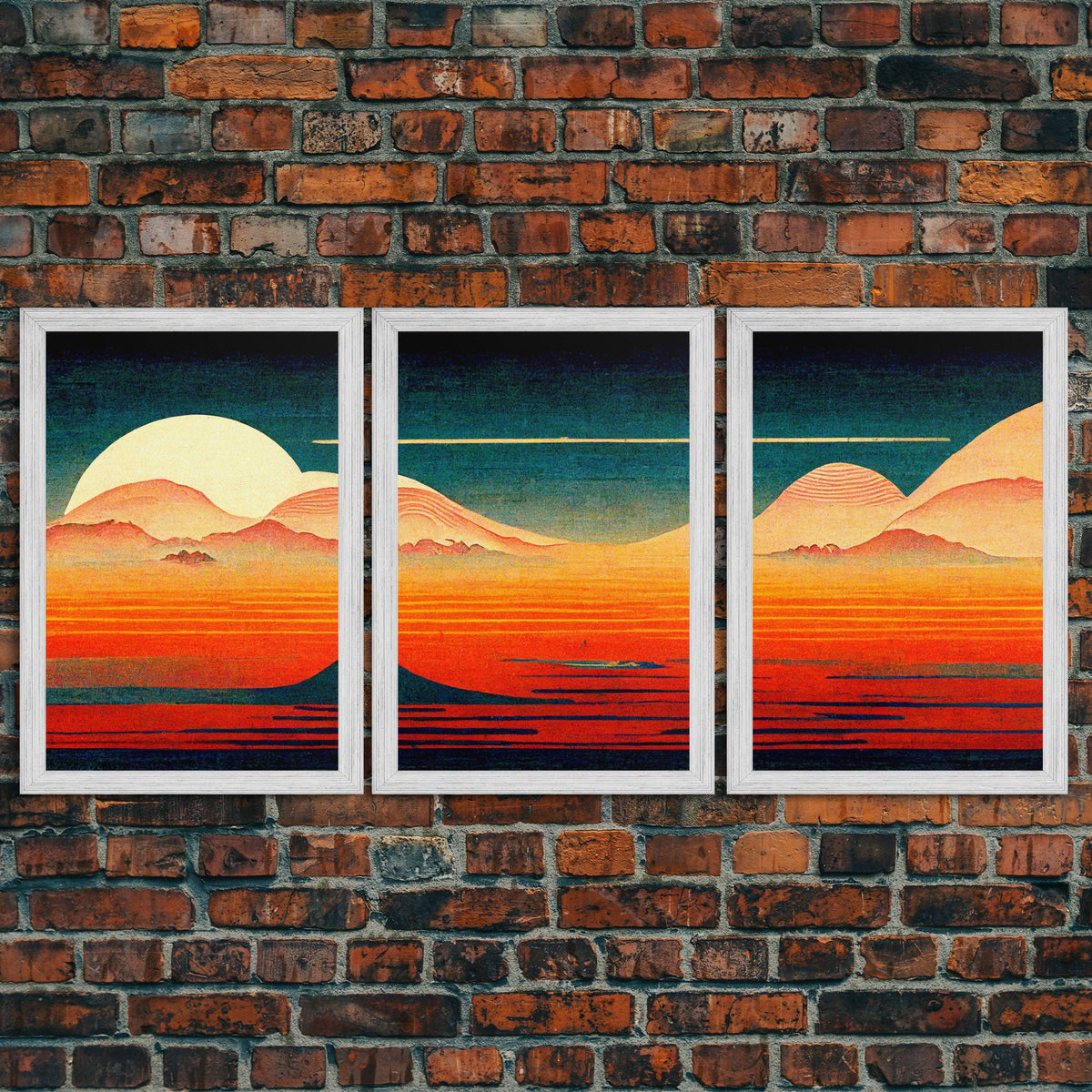 Retro Japanese Style Sunset Art, 3 Piece Wall Art, Canvas Print