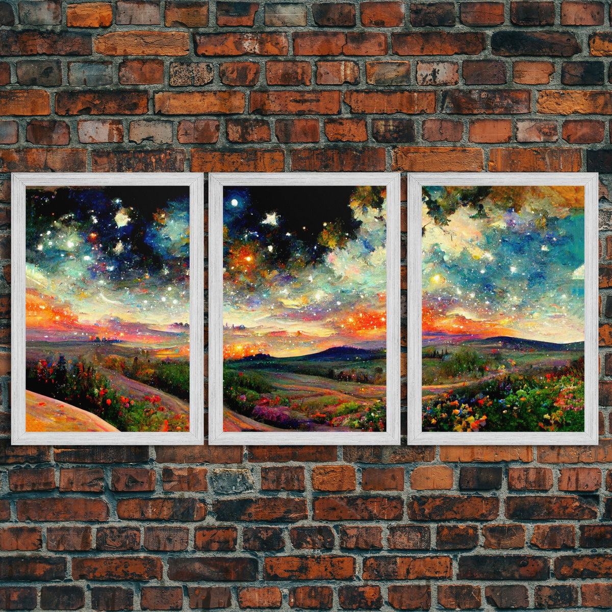 Night Starry Sky Landscape, 3 Piece Wall Art, Ready To Hang Canvas Print