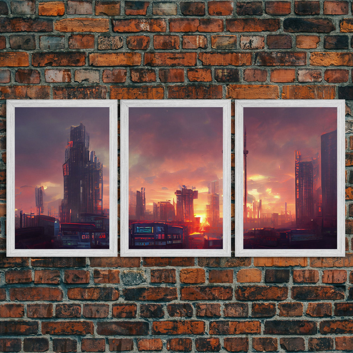 Cyberpunk City, 3 Piece Wall Art, Canvas Print