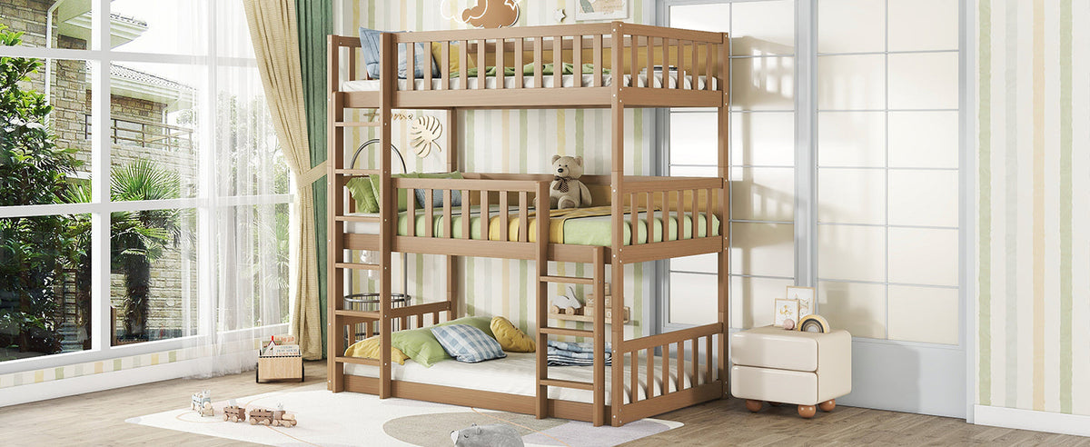 Twin Size Triple Rubber Wood Bunk Bed, with Ladders, Guardrails, Twin over Twin, Natural