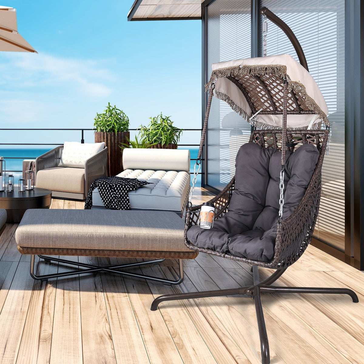 Swing Egg Chair with Stand, Rattan Frame, Hammock Chair