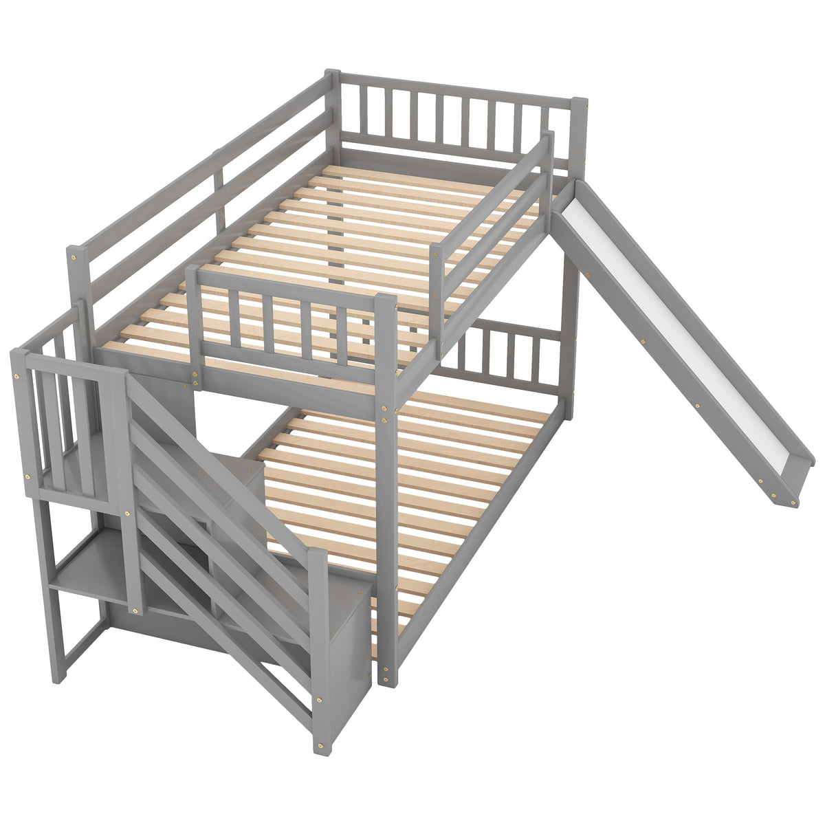 Twin-Over-Twin Bunk Bed with Convertible Slide and Stairway, Gray