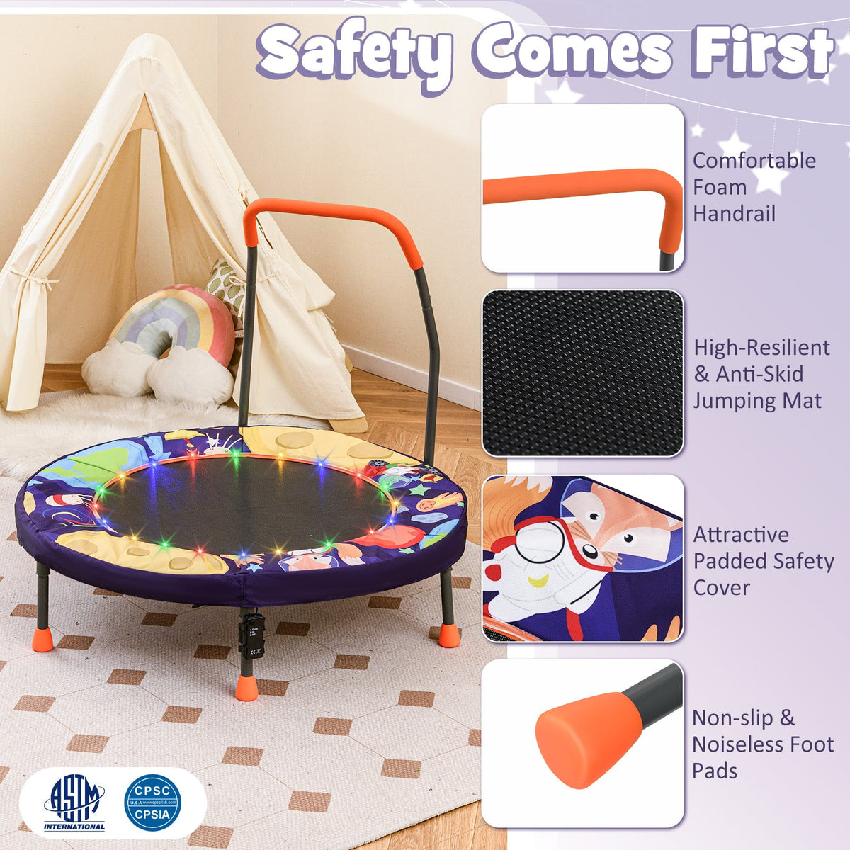 Mini Trampoline Folding Small Rebounder for Kids with Lights-Purple