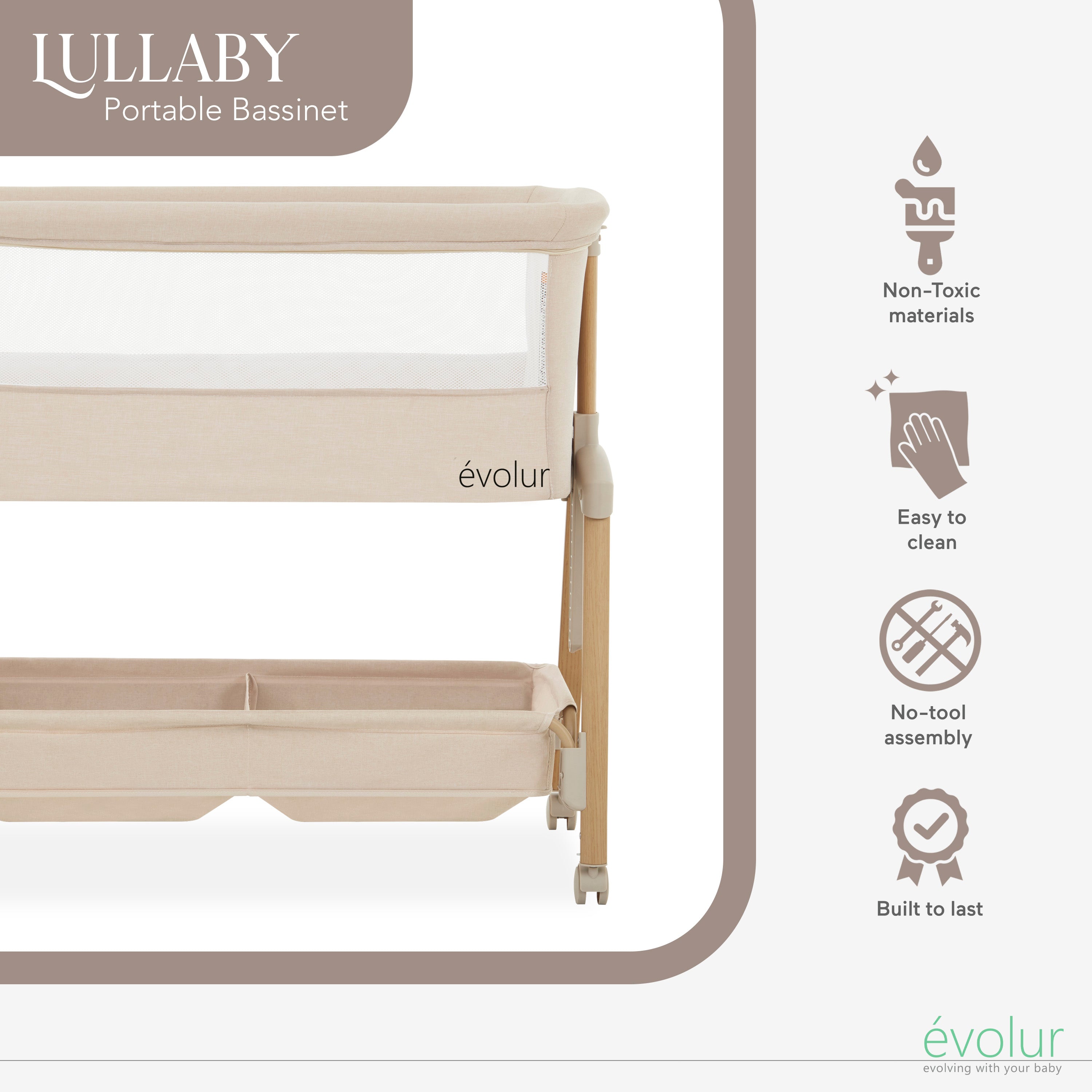 Evolur Lullaby Portable Bassinet with wheels
