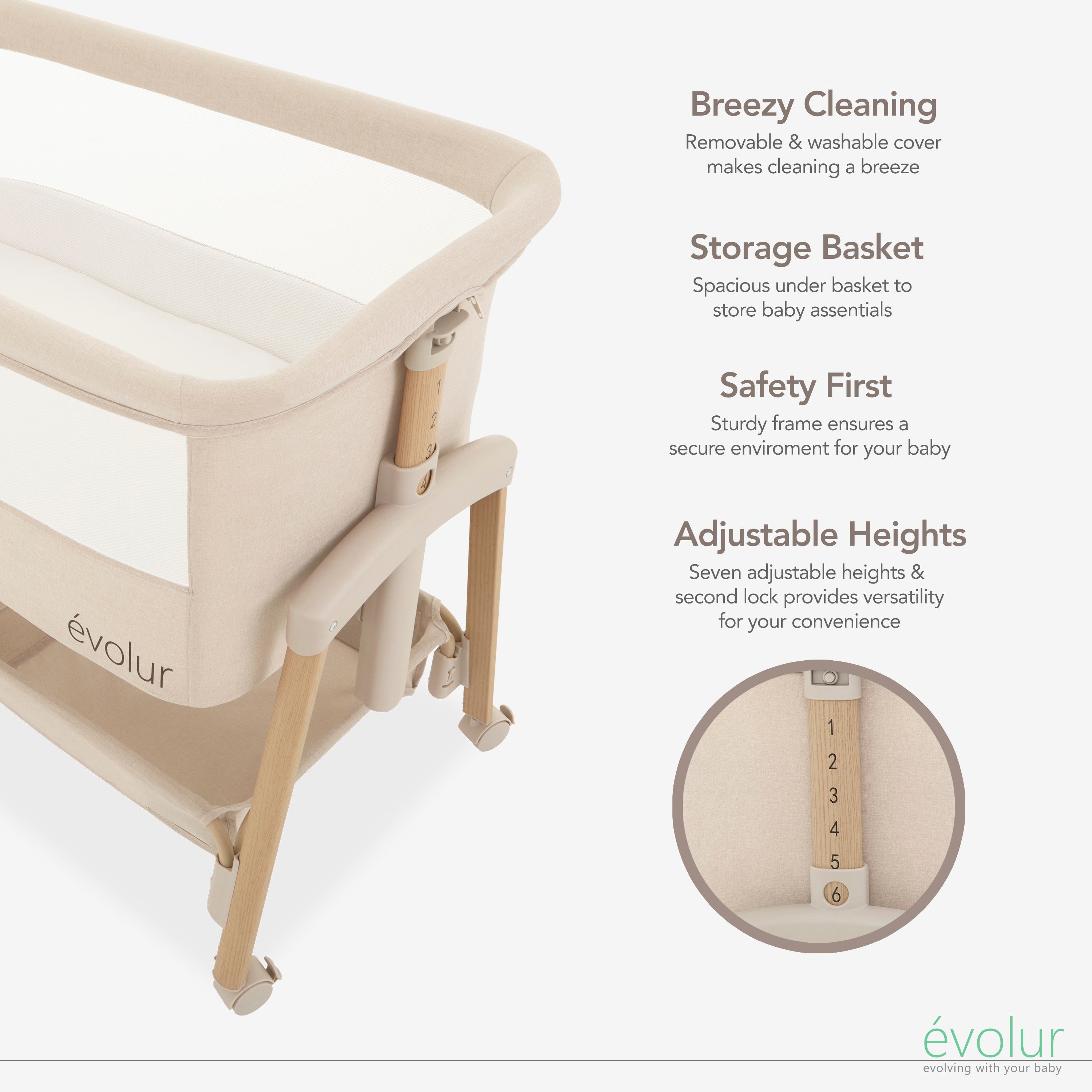 Evolur Lullaby Portable Bassinet with wheels