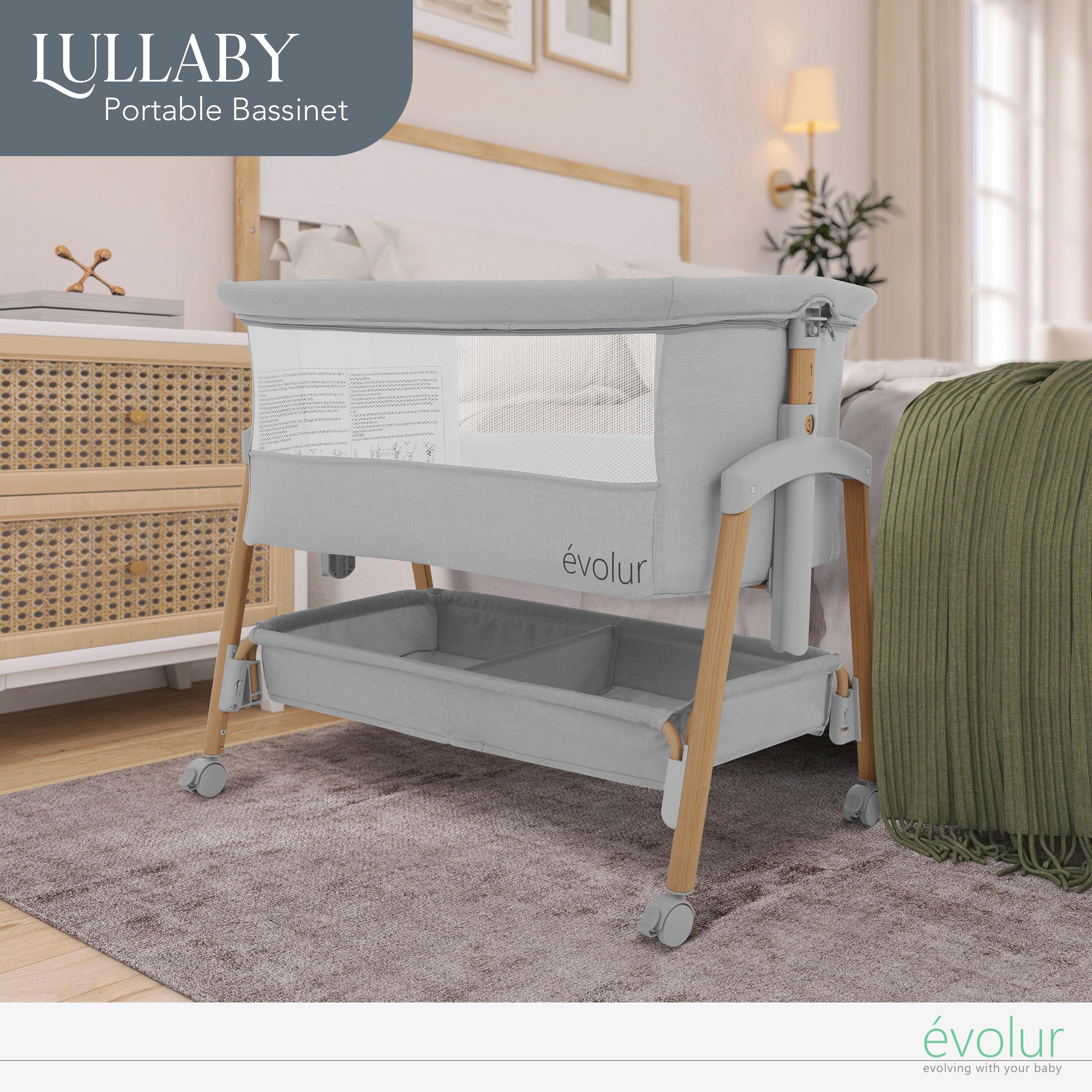 Evolur Lullaby Portable Bassinet with wheels