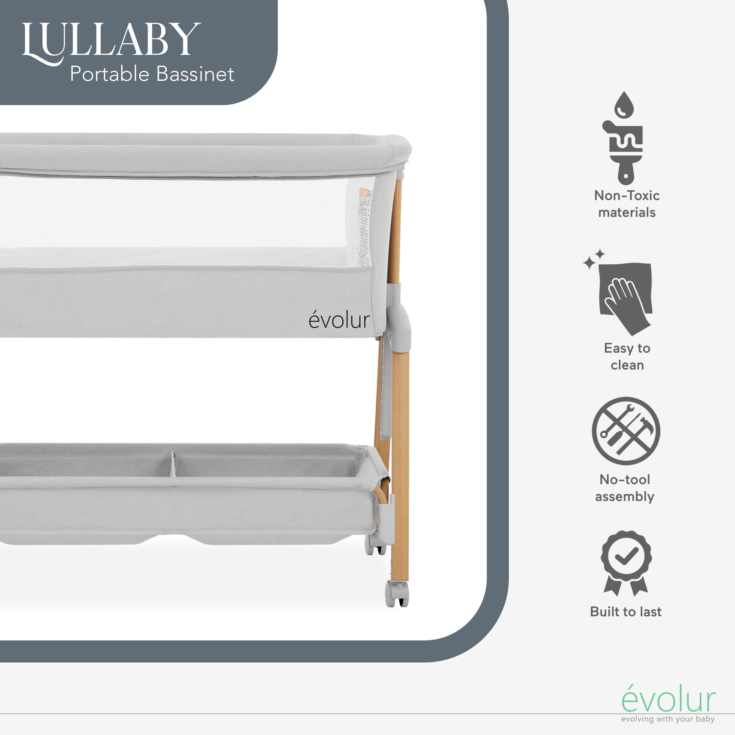 Evolur Lullaby Portable Bassinet with wheels