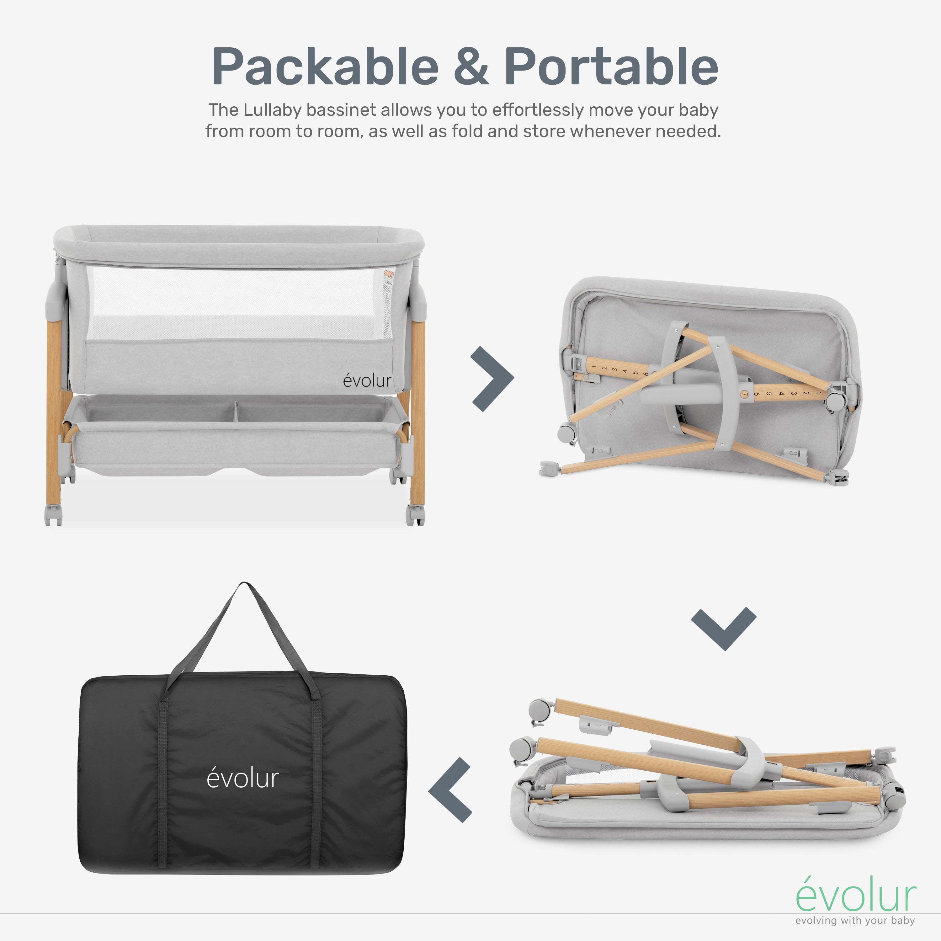 Evolur Lullaby Portable Bassinet with wheels