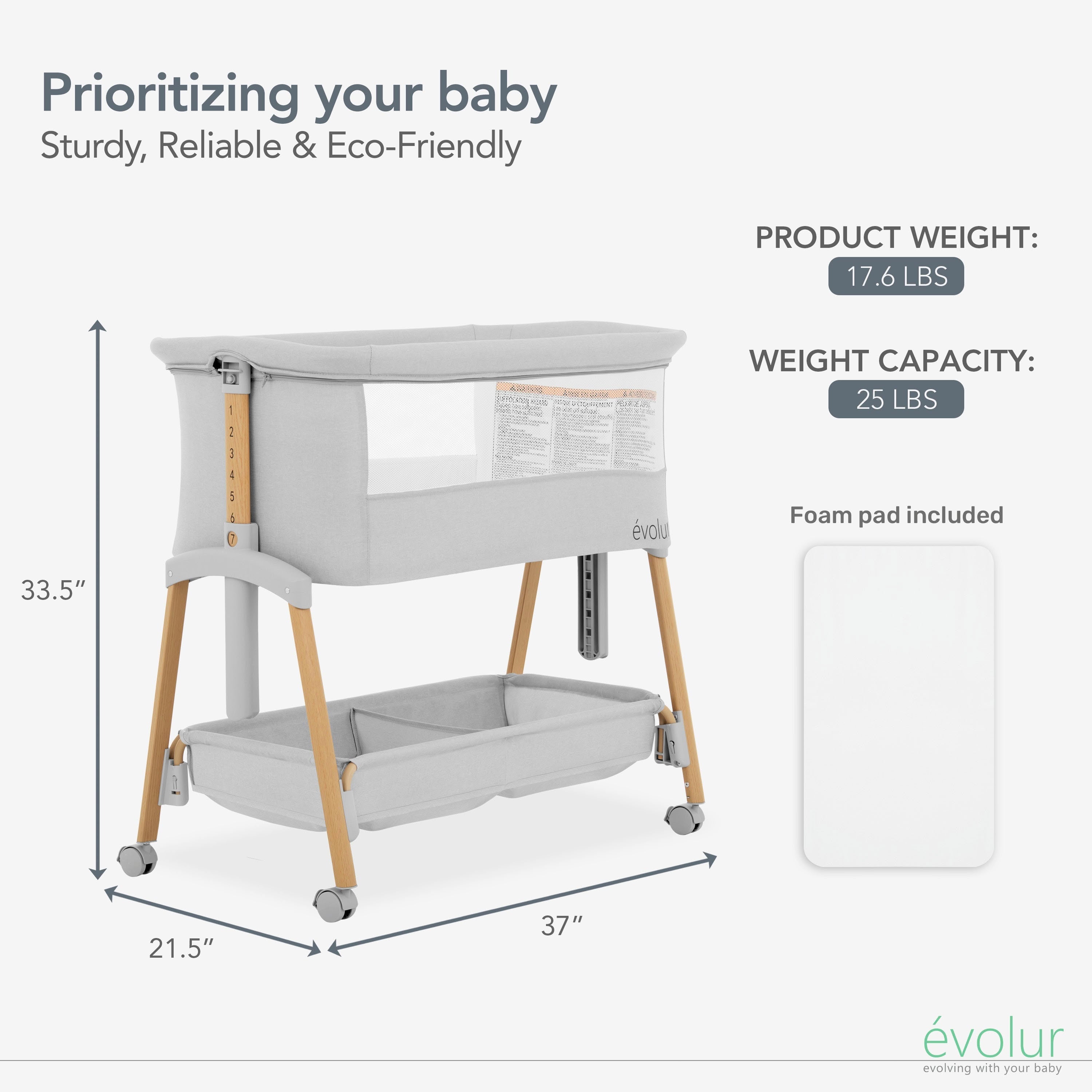 Evolur Lullaby Portable Bassinet with wheels