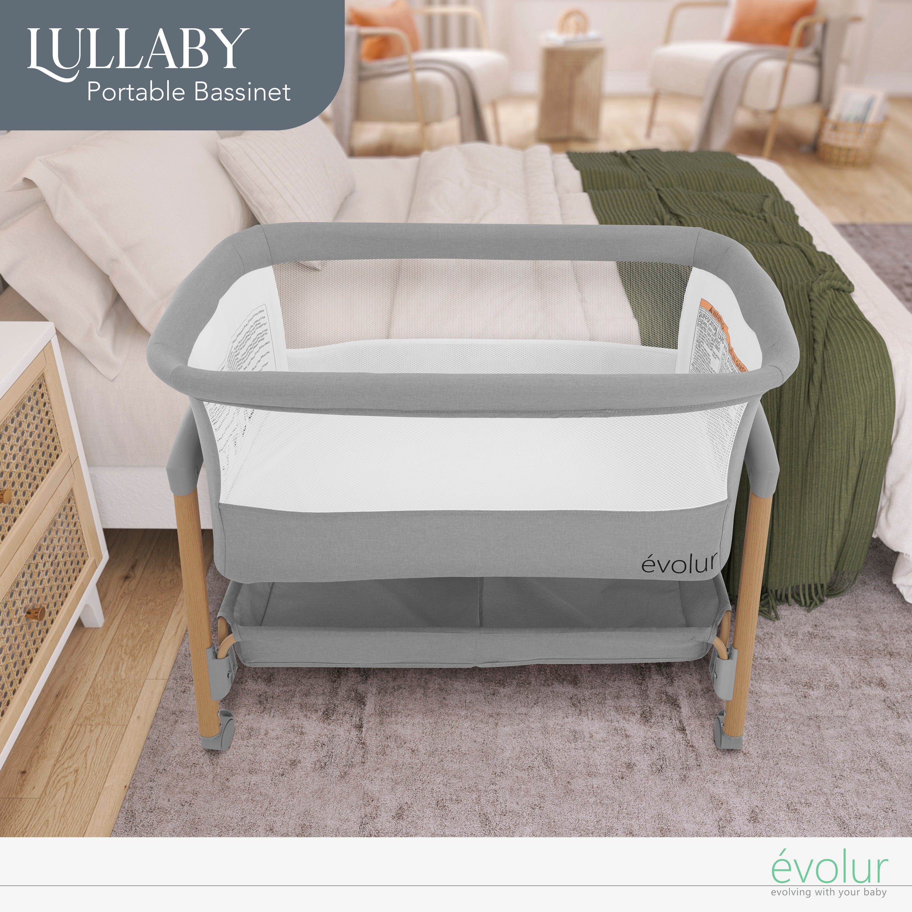 Evolur Lullaby Portable Bassinet with wheels