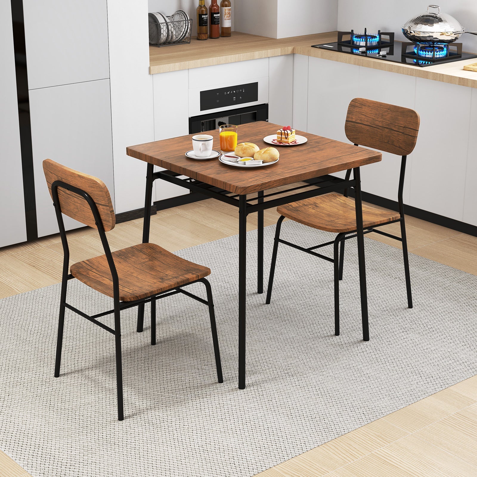 3 Piece Dining Table Set for 2 with Metal Frame - Brown