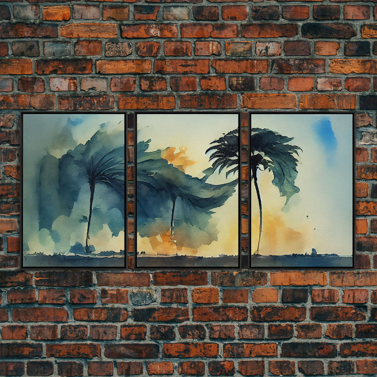 Watercolor of a Palm Tree Blowing in a Hurricane, 3 Piece Canvas Print, Wall Art