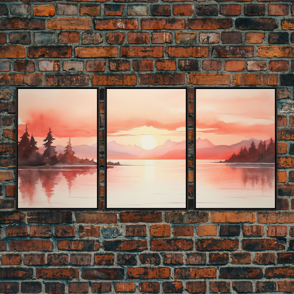 Beautiful Red Lake Sunset 3 Piece Framed Canvas Print Set
