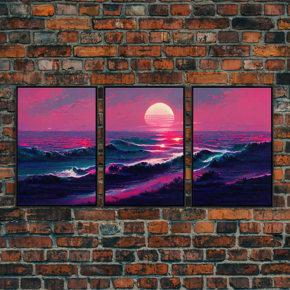 Outrun Style Synthwave Sunset Ocean Waves, 3 Piece Canvas Print