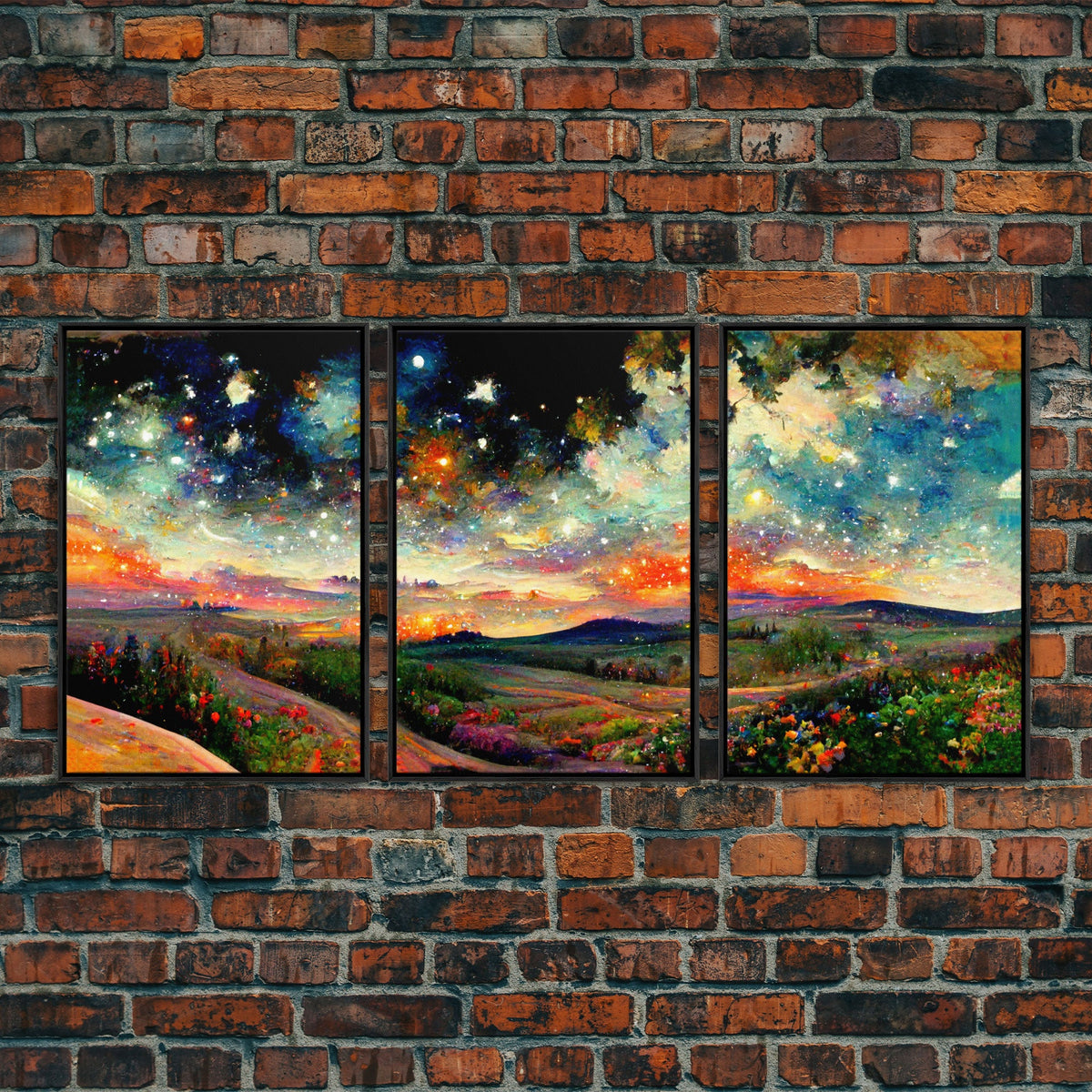 Night Starry Sky Landscape, 3 Piece Wall Art, Ready To Hang Canvas Print