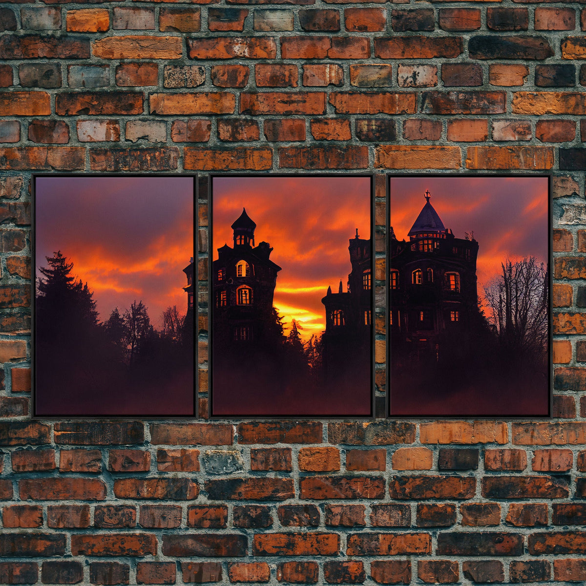 3 Piece Canvas Wall Decor, Victorian Style Haunted House