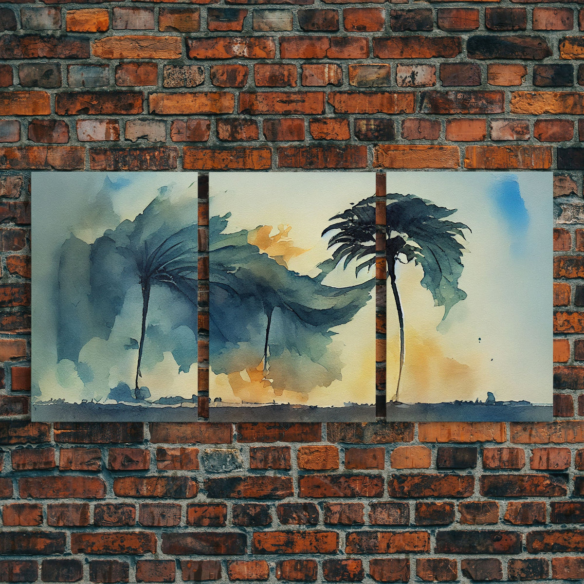 Watercolor of a Palm Tree Blowing in a Hurricane, 3 Piece Canvas Print, Wall Art