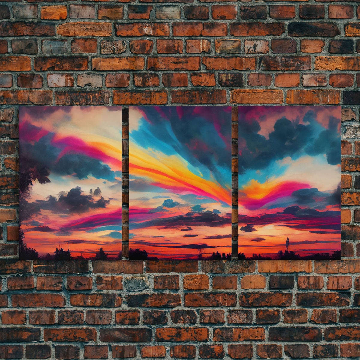 Psychedelic Sunset, 3 piece Canvas Print Wall Art