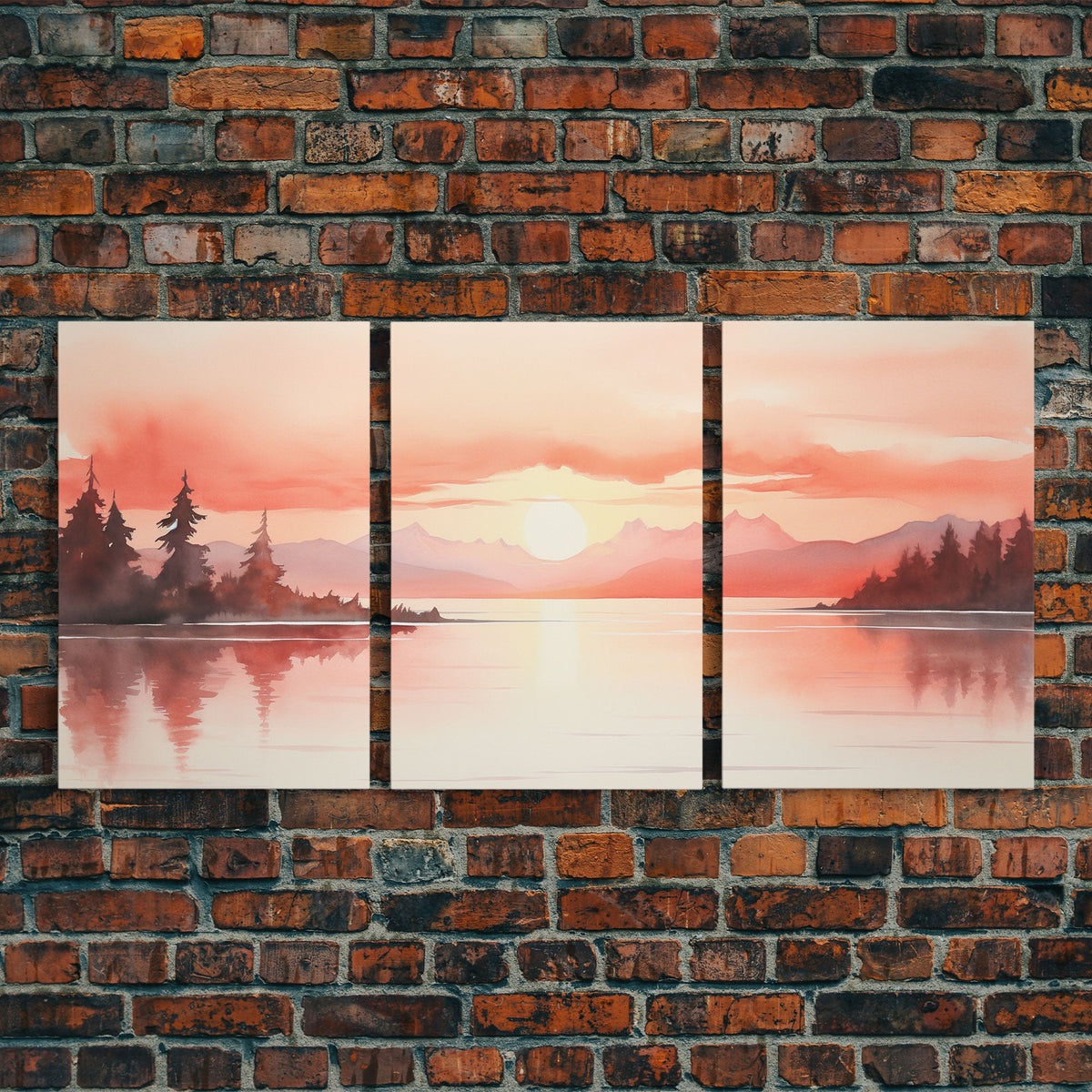 Beautiful Red Lake Sunset 3 Piece Framed Canvas Print Set