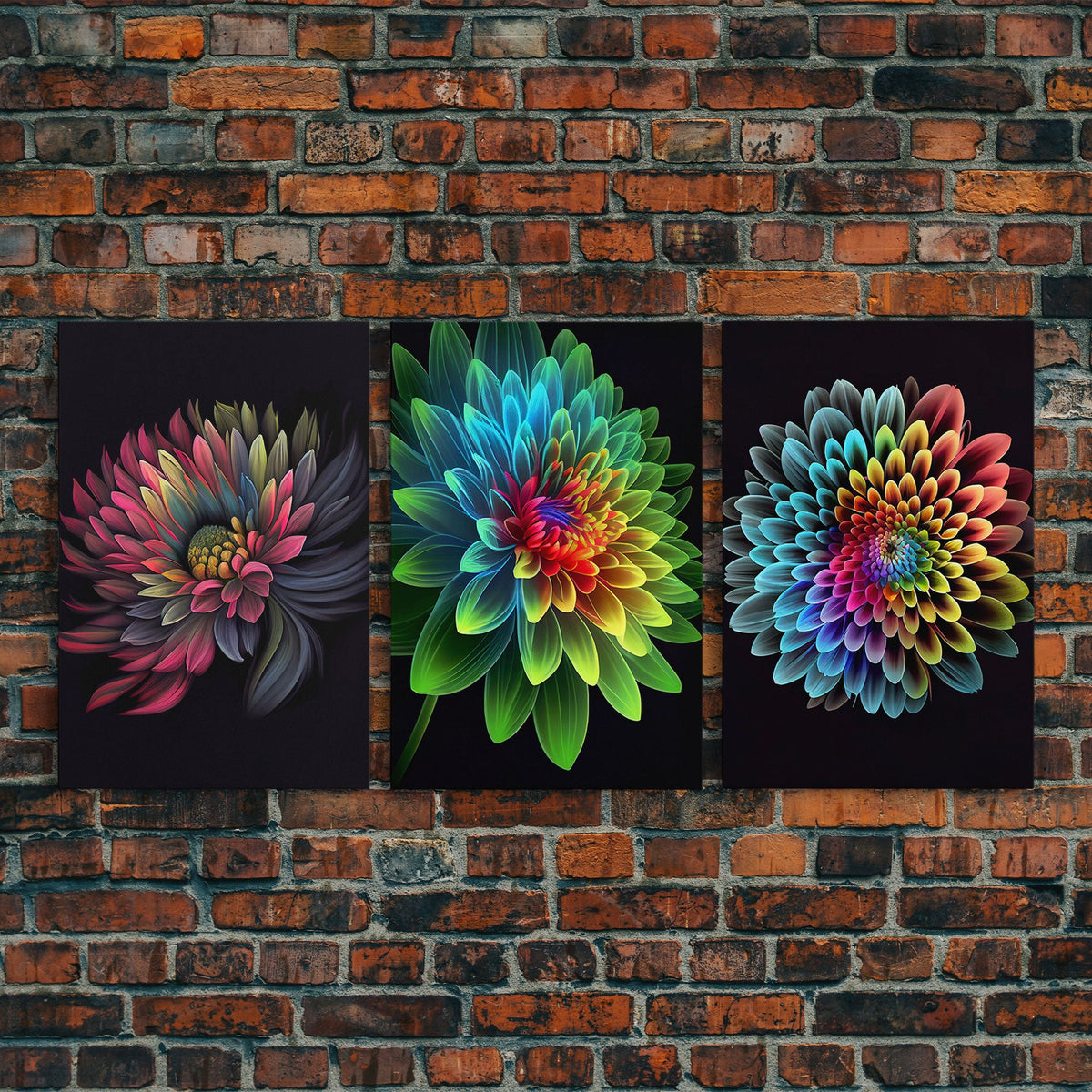 Triptych 3 Panel Wall Art - Framed Canvas Prints - Retro Style Flower Paintings
