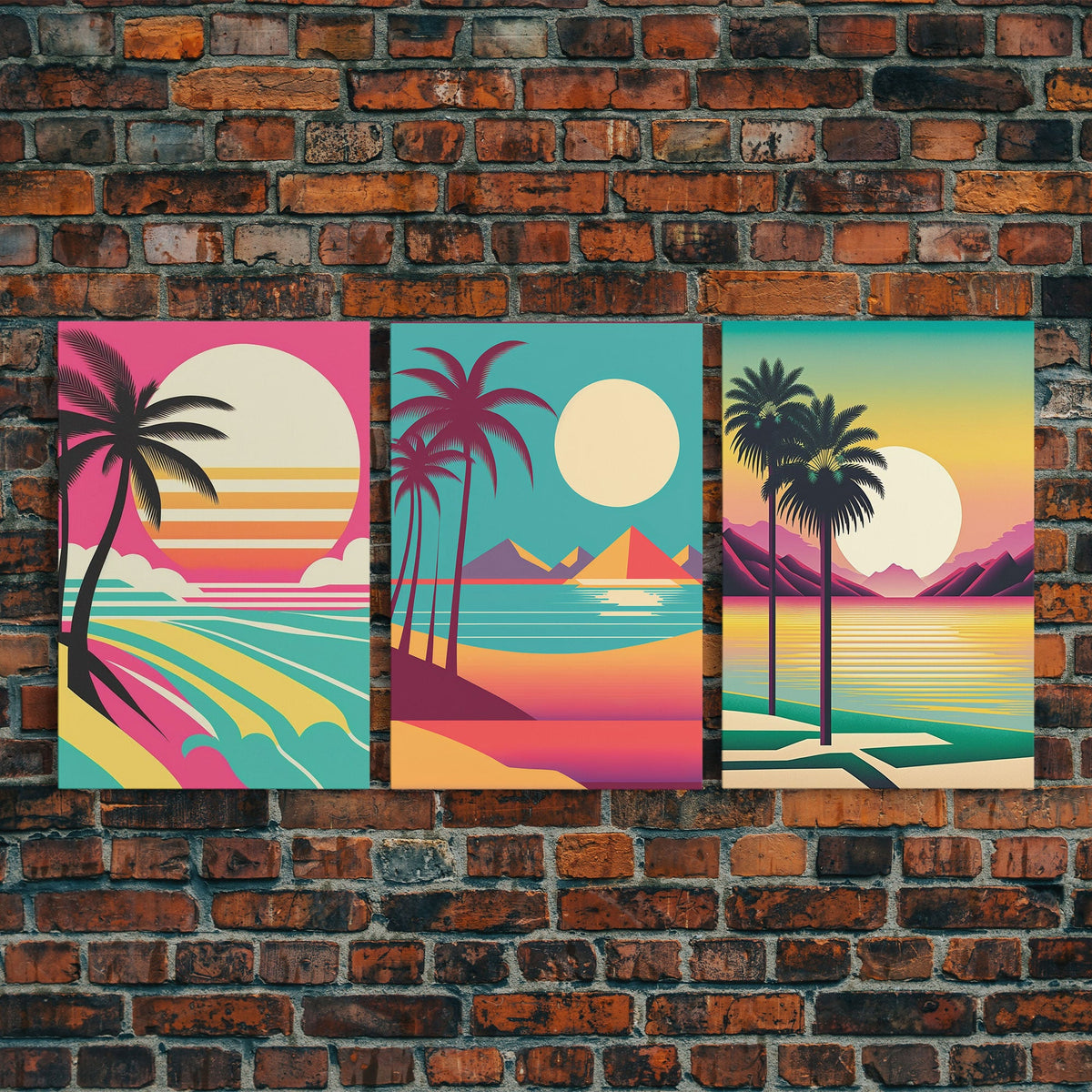 Beautiful Turquoise Retro Style Beach Art, Triptych 3 Panel Framed Canvas Prints