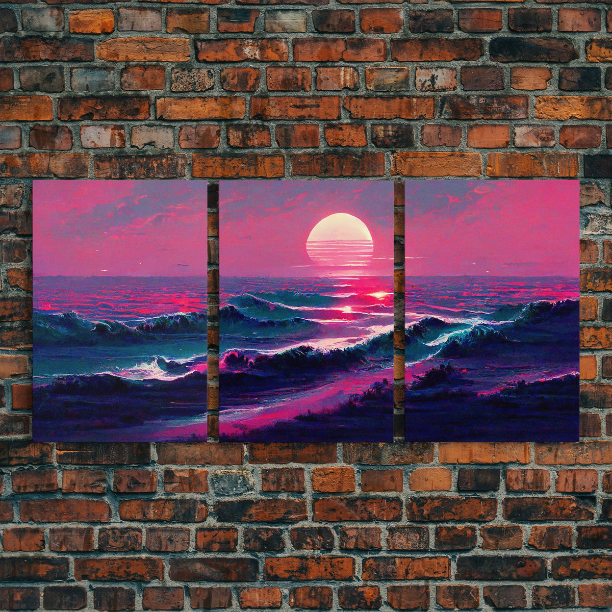 Outrun Style Synthwave Sunset Ocean Waves, 3 Piece Canvas Print