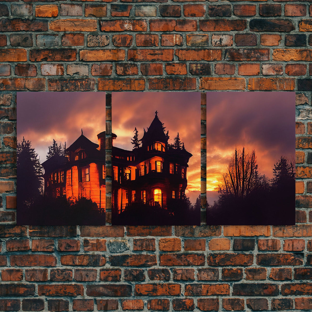 3 Piece Canvas Wall Decor, Victorian Style Haunted House