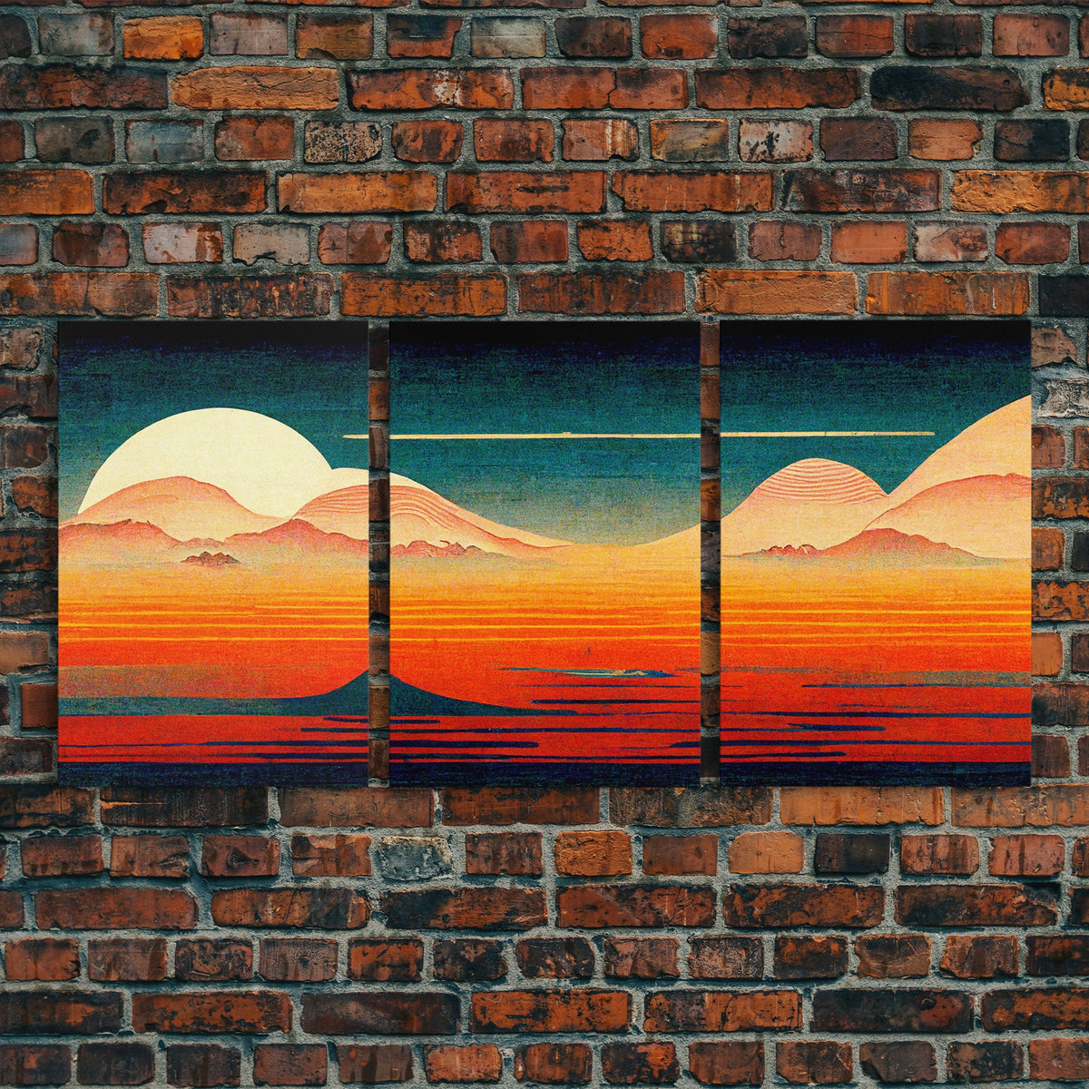Retro Japanese Style Sunset Art, 3 Piece Wall Art, Canvas Print