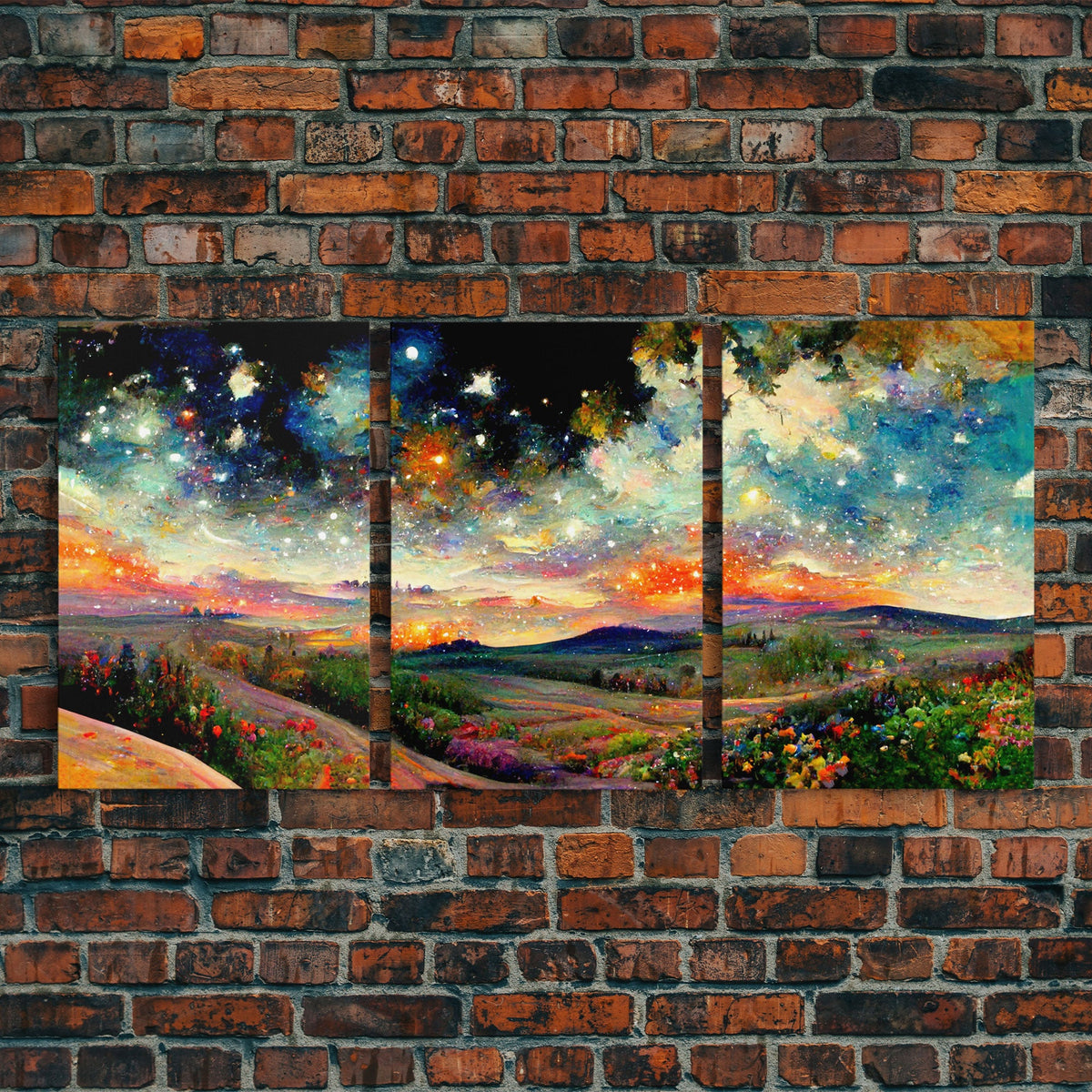 Night Starry Sky Landscape, 3 Piece Wall Art, Ready To Hang Canvas Print