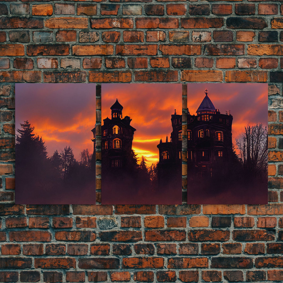 3 Piece Canvas Wall Decor, Victorian Style Haunted House
