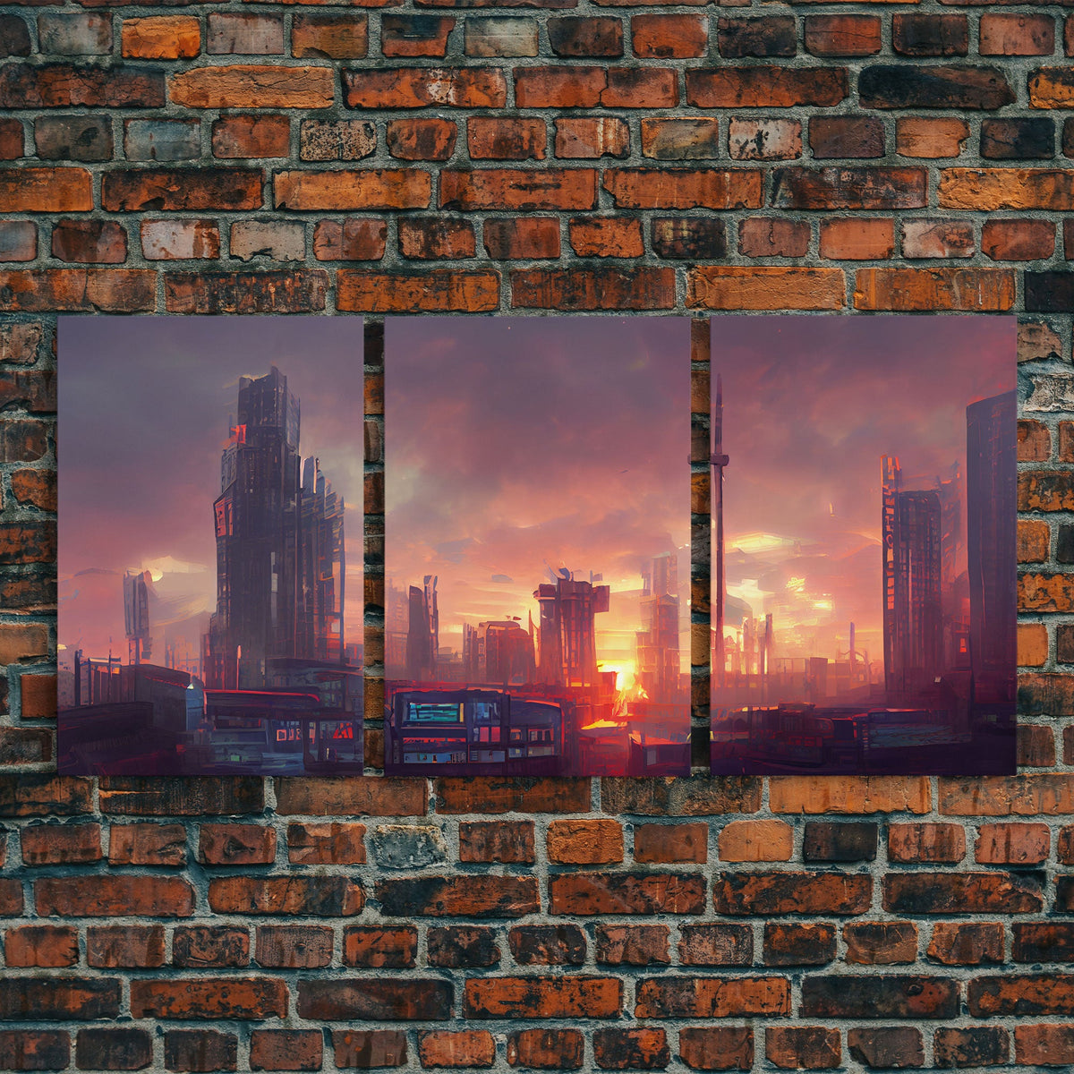 Cyberpunk City, 3 Piece Wall Art, Canvas Print