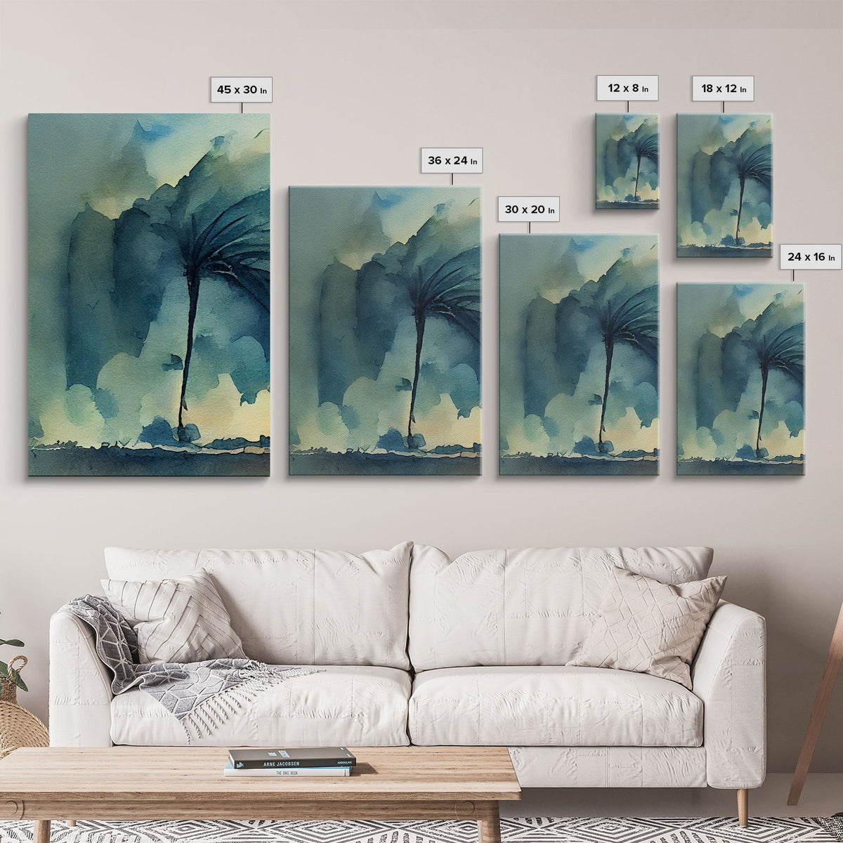 Watercolor of a Palm Tree Blowing in a Hurricane, 3 Piece Canvas Print, Wall Art
