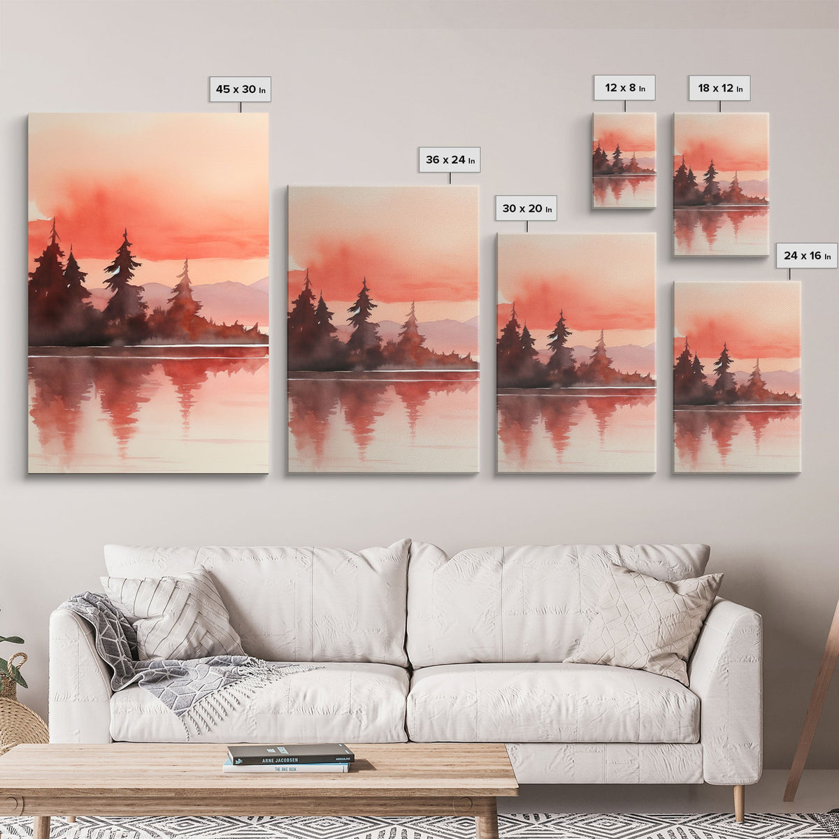 Beautiful Red Lake Sunset 3 Piece Framed Canvas Print Set